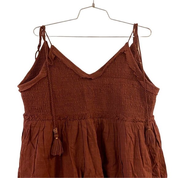 Free People Womens Sundress Brown Short Smocked V Neck Tassels Cotton Large - Picture 2 of 8